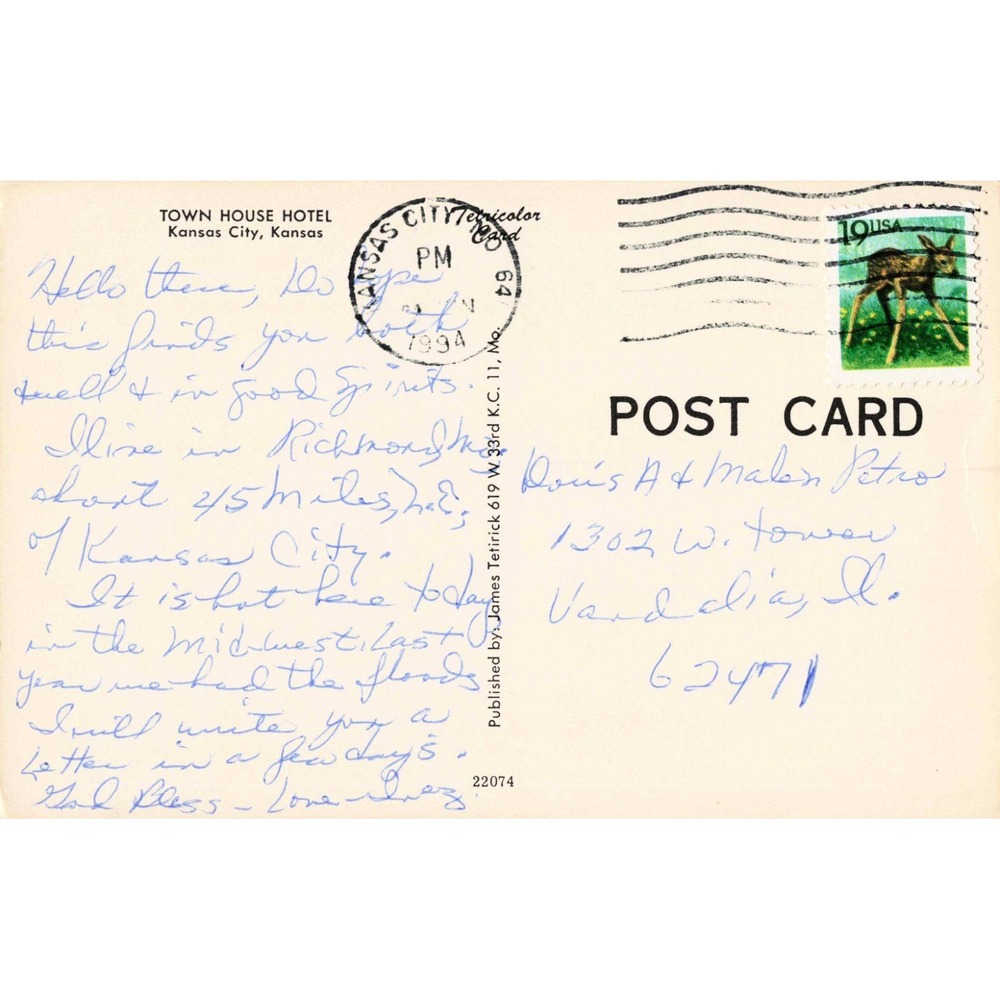 Vintage Town House Hotel Postcard Kansas City Kansas Technicolor Night View - Picture 2 of 2